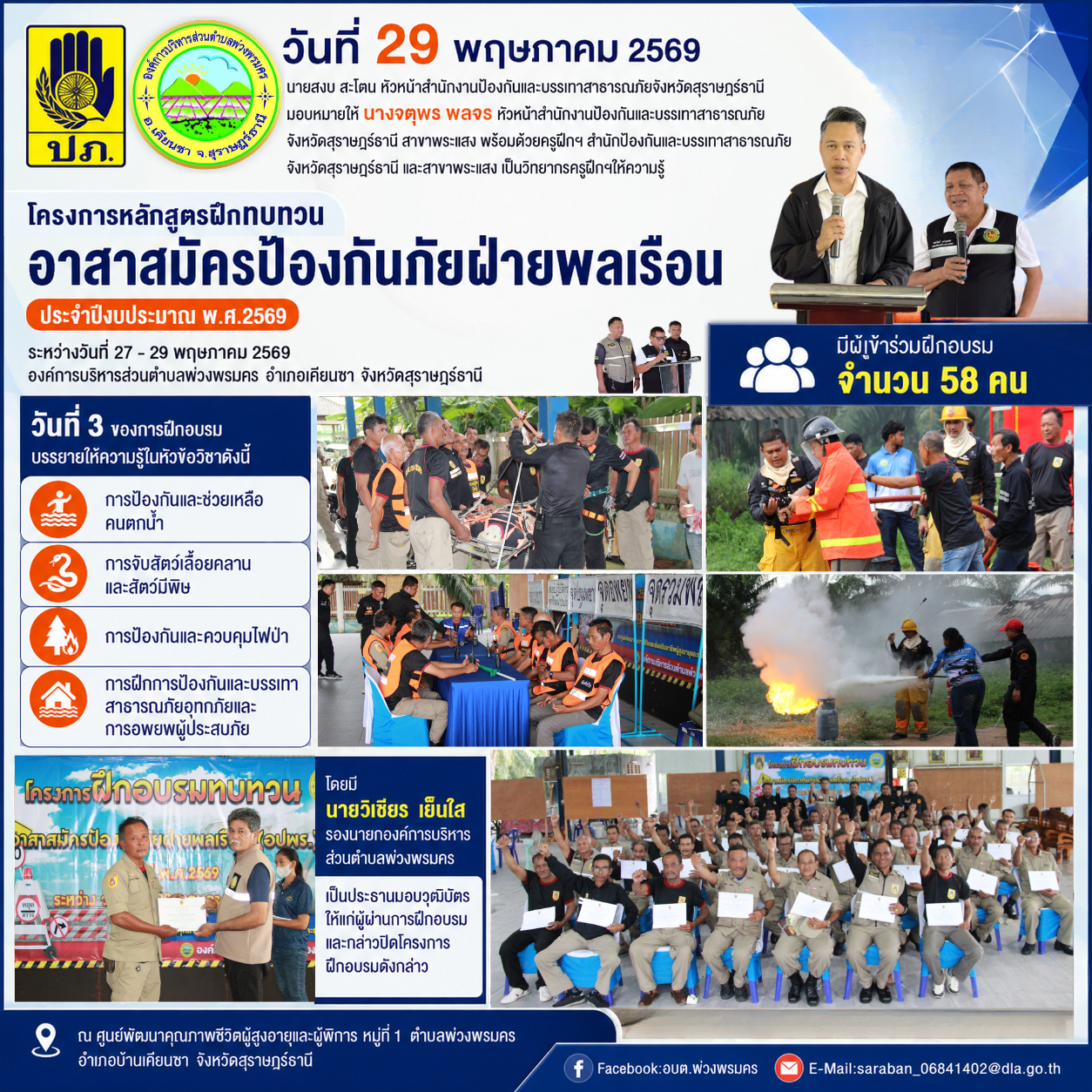 วันที่ 29 พฤษภาคม 2569
นายสงบ สะโตน หัวหน้าสำนักงานป้องกันและบรรเทาสาธารณภัยจังหวัดสุราษฎร์ธานี มอบหมายให้ นางจตุพร พลจร หัวหน้าสำนักงานป้องกันและบรรเทาสาธารณภัย ปภ.จังหวัดสุราษฎร์ธานี สาขาพระแสง พร้อมด้วยครูฝึกฯ สำนักป้องกันและบรรเทาสาธารณภัย จังหวัดสุราษฎร์ธานี และสาขาพระแสง เป็นวิทยากรครูฝึกฯให้ความรู้โครงการหลักสูตรฝึกทบทวน
อาสาสมัครป้องกันภัยฝ่ายพลเรือน ประจำปีงบประมาณ พ.ศ.2569
ระหว่างวันที่ 27 - 29 พฤษภาคม 2569
องค์การบริหารส่วนตำบลพ่วงพรมคร อำเภอเคียนซา จังหวัดสุราษฎร์ธานี