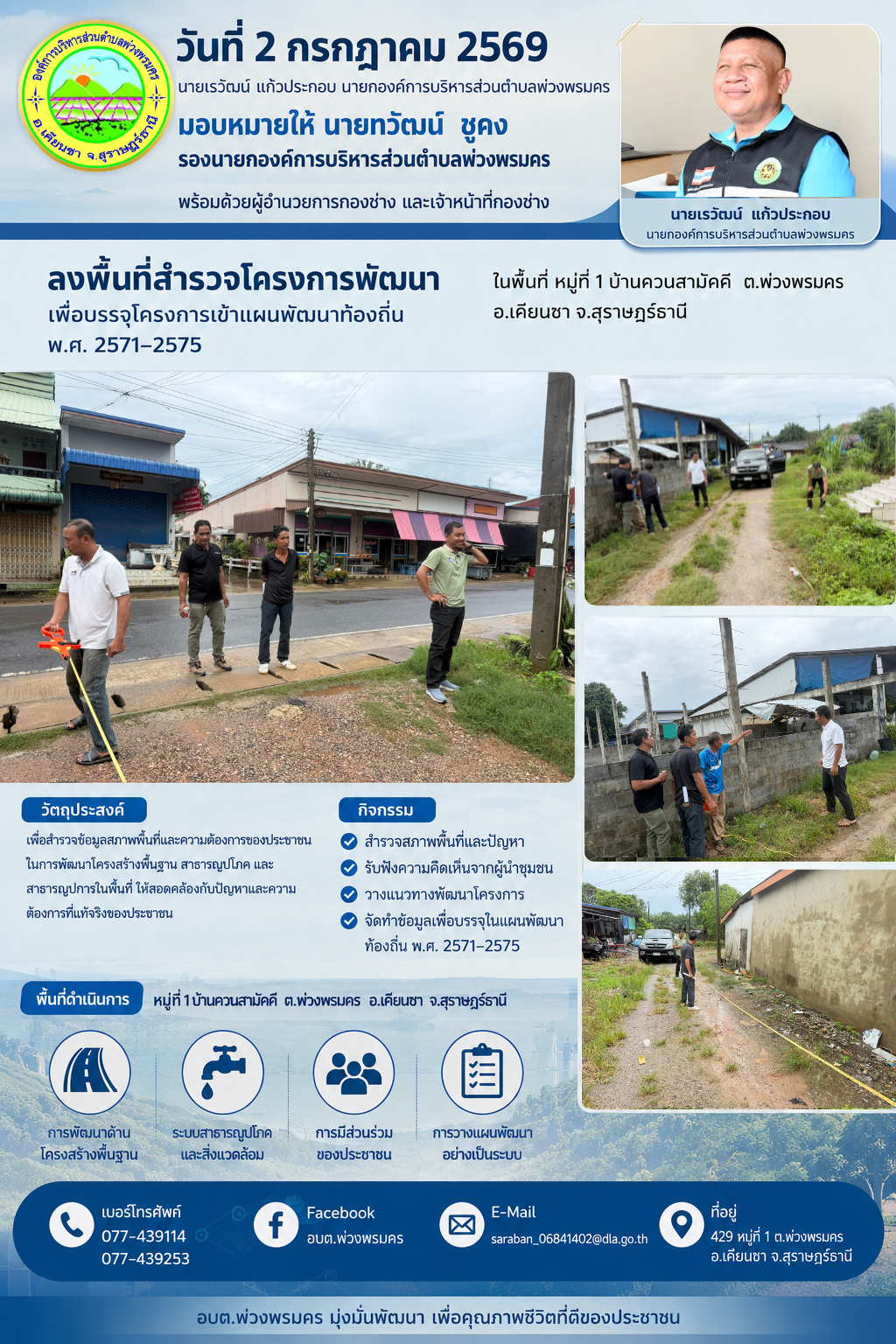 วันที่ 2 กรกฎาคม 2569 สำรวจพื้นที่เพื่อบรรจุโครงการพัฒนาเข้าสู่แผนพัฒนาท้องถิ่น พ.ศ.2571-2575 ในพิ้นที่หมู่ที่ 1 บ้านควนสามัคคี
